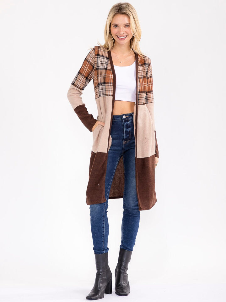 WOMEN'S LONG SLEEVE OPEN FRONT POCKETS COLORBLOCK PLAID CARDIGAN