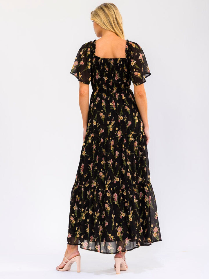 WOMEN'S SHORT SLEEVE SMOCK RUFFLE TIERED FLORAL MAXI DRESS