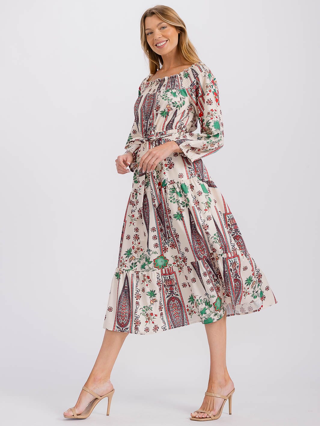 WOMEN'S LONG SLEEVE ELASTIC WAIST SELF TIE PRINTED MIDI DRESS