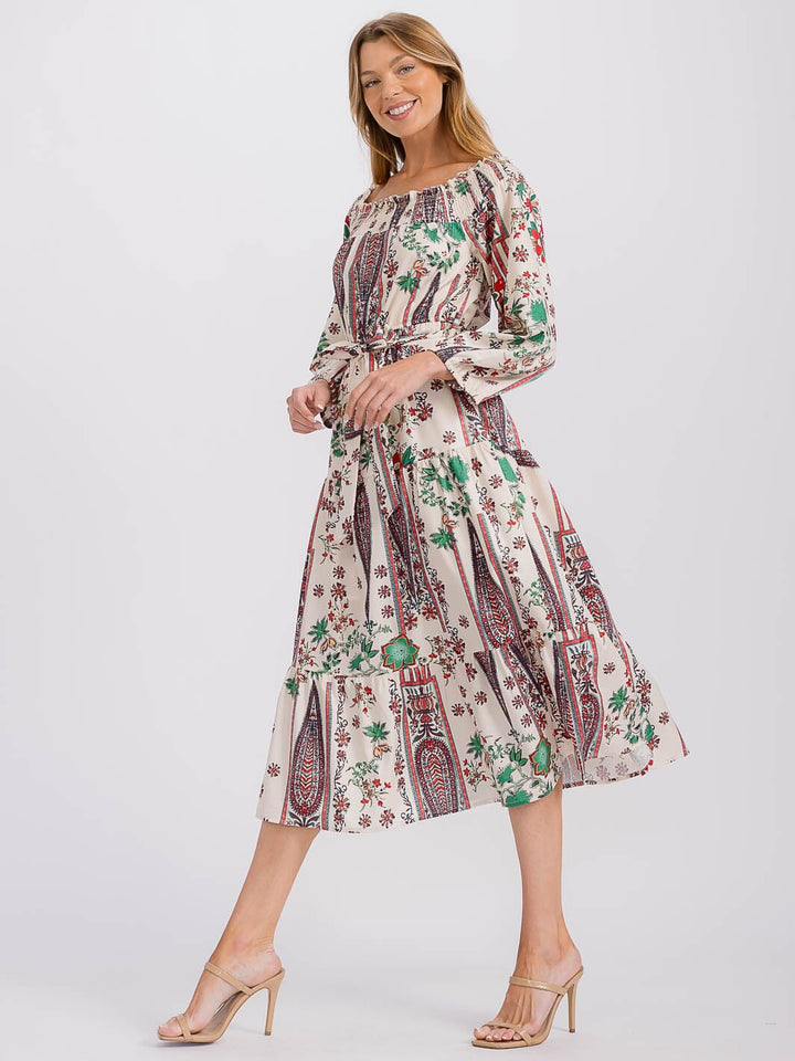 WOMEN'S LONG SLEEVE ELASTIC WAIST SELF TIE PRINTED MIDI DRESS