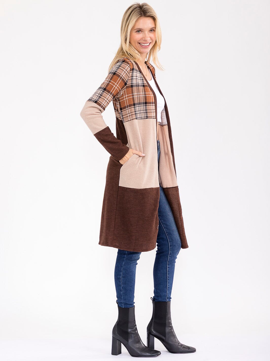 WOMEN'S LONG SLEEVE OPEN FRONT POCKETS COLORBLOCK PLAID CARDIGAN