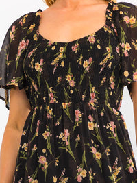 WOMEN'S SHORT SLEEVE SMOCK RUFFLE TIERED FLORAL MAXI DRESS