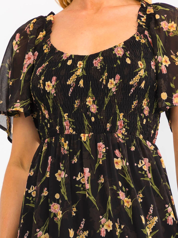 WOMEN'S SHORT SLEEVE SMOCK RUFFLE TIERED FLORAL MAXI DRESS