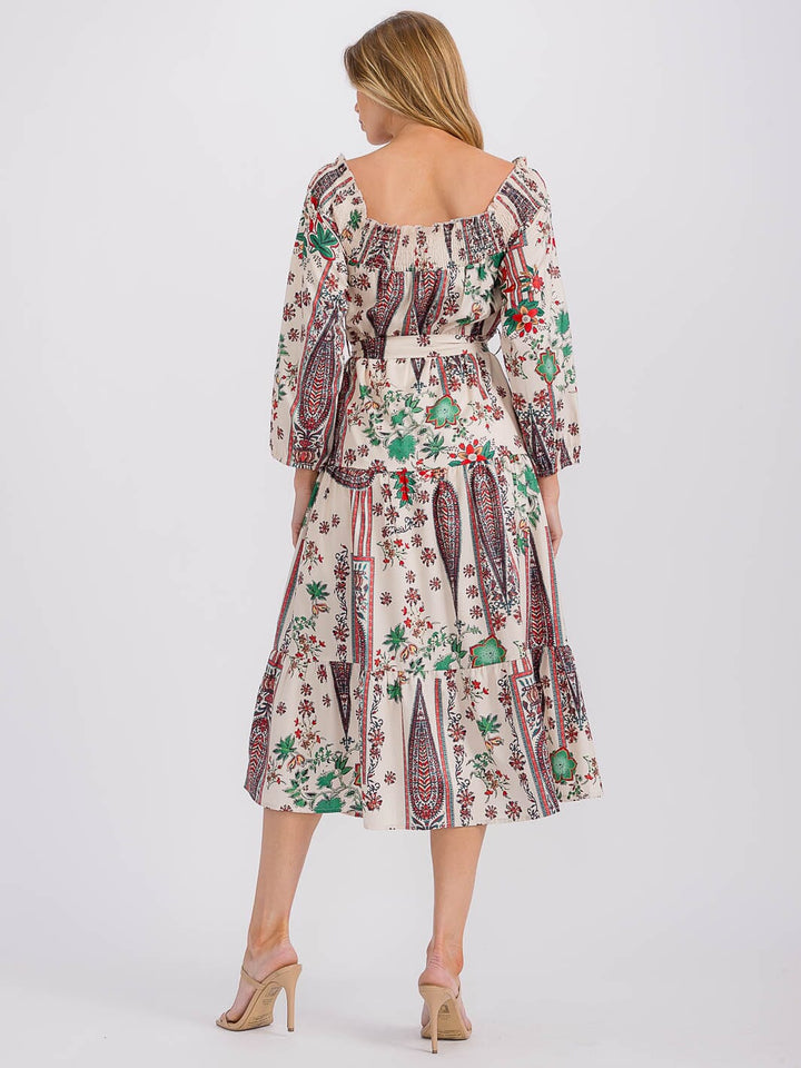 WOMEN'S LONG SLEEVE ELASTIC WAIST SELF TIE PRINTED MIDI DRESS