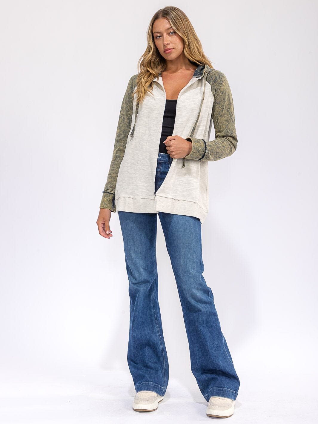 WOMEN'S LONG SLEEVE OPEN FRONT CAMO CONTRAST HOODED CARDIGAN