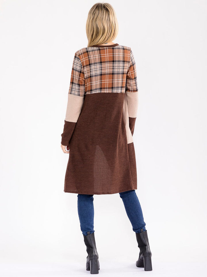 WOMEN'S LONG SLEEVE OPEN FRONT POCKETS COLORBLOCK PLAID CARDIGAN