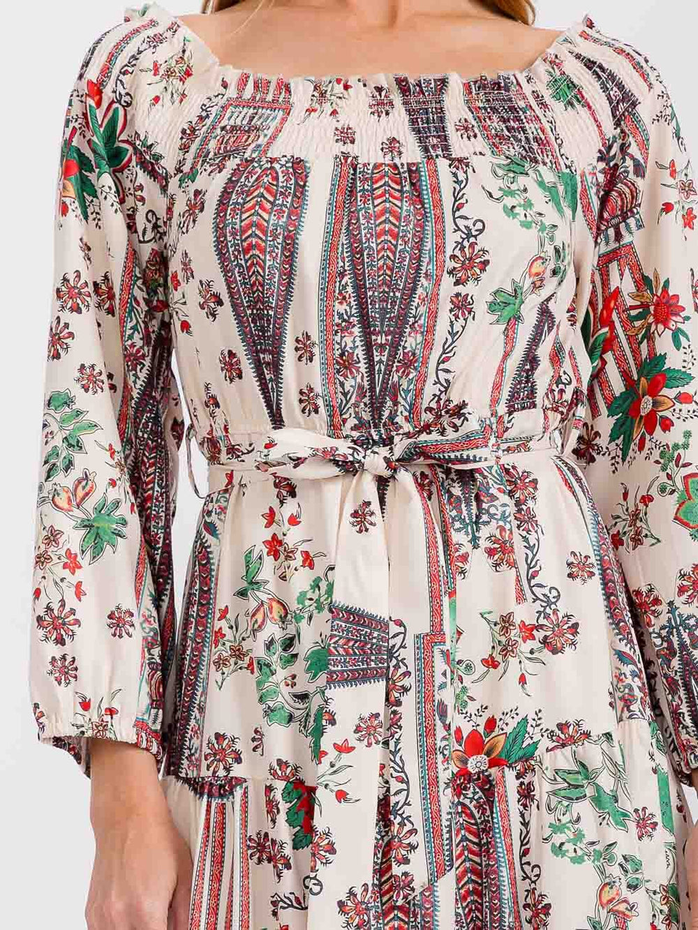 WOMEN'S LONG SLEEVE ELASTIC WAIST SELF TIE PRINTED MIDI DRESS