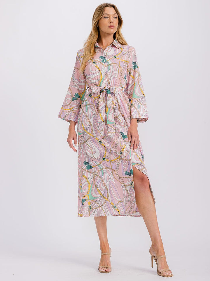 WOMEN'S LONG SLEEVE BUTTON CLOSURE SELF TIE PRINTED MIDI DRESS