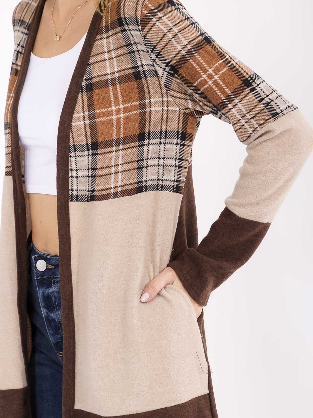 WOMEN'S LONG SLEEVE OPEN FRONT POCKETS COLORBLOCK PLAID CARDIGAN