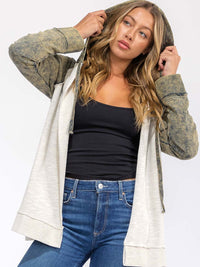 WOMEN'S LONG SLEEVE OPEN FRONT CAMO CONTRAST HOODED CARDIGAN