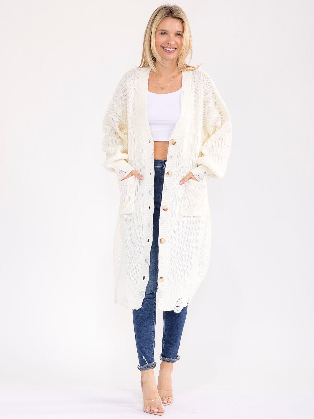 WOMEN'S LONG SLEEVE BUTTON CLOSURE FRONT POCKETS KNIT CARDIGAN