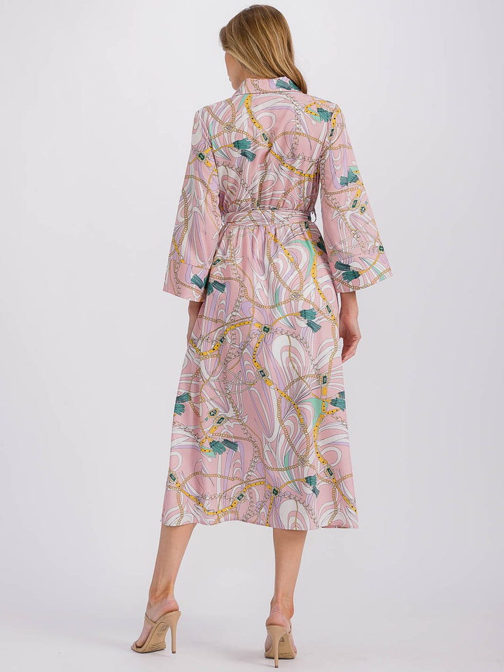 WOMEN'S LONG SLEEVE BUTTON CLOSURE SELF TIE PRINTED MIDI DRESS