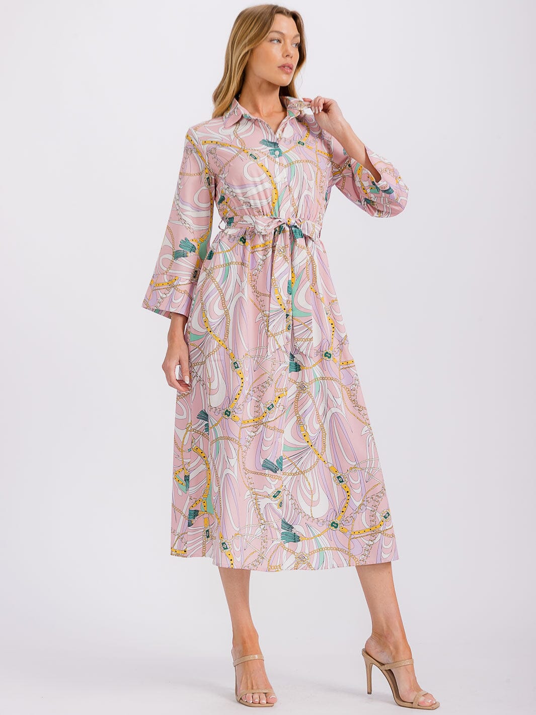 WOMEN'S LONG SLEEVE BUTTON CLOSURE SELF TIE PRINTED MIDI DRESS