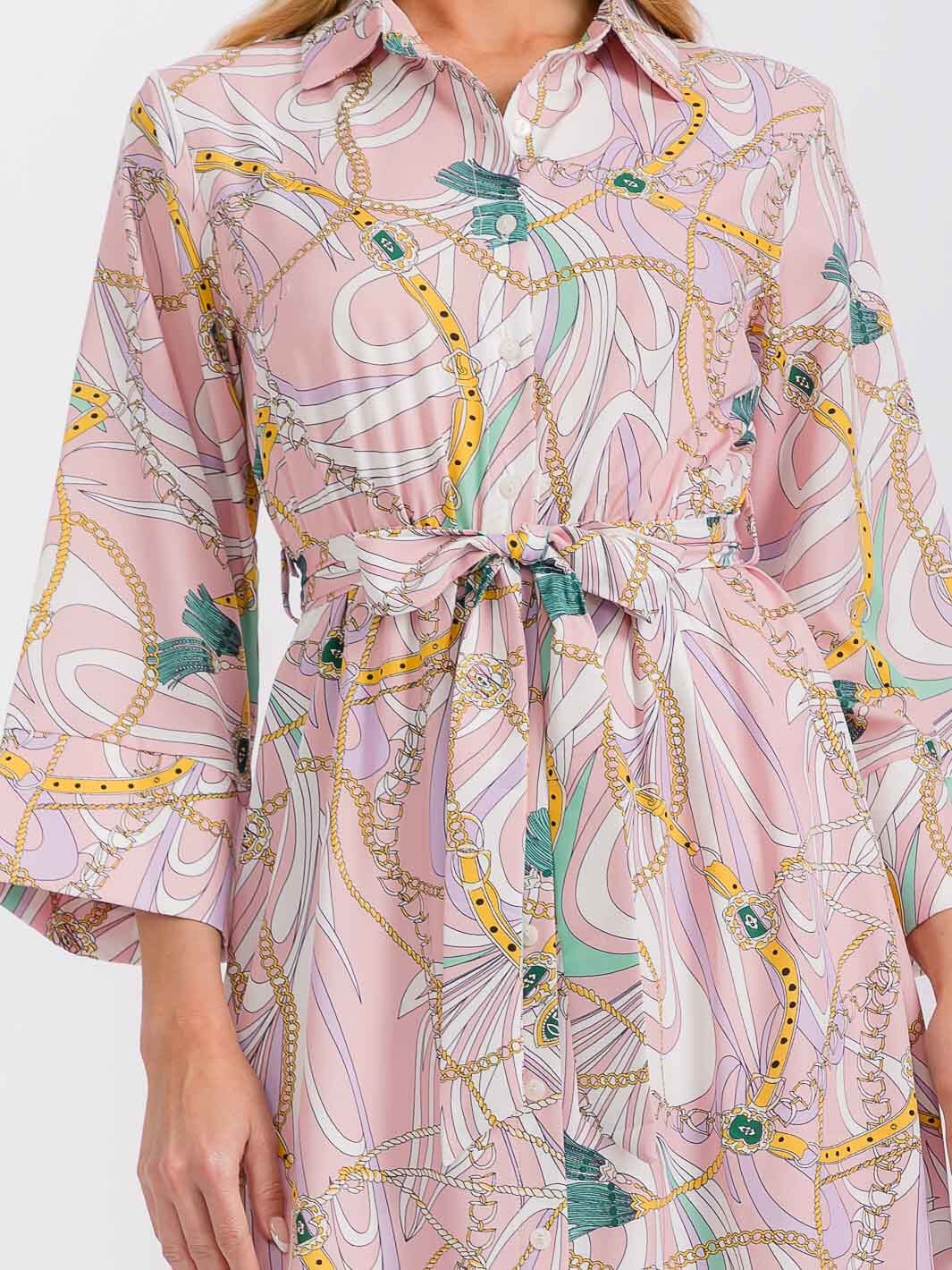 WOMEN'S LONG SLEEVE BUTTON CLOSURE SELF TIE PRINTED MIDI DRESS