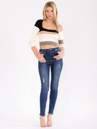 WOMEN'S LONG SLEEVE SQUARE NECK COLORBLOCK STRIPES TOP