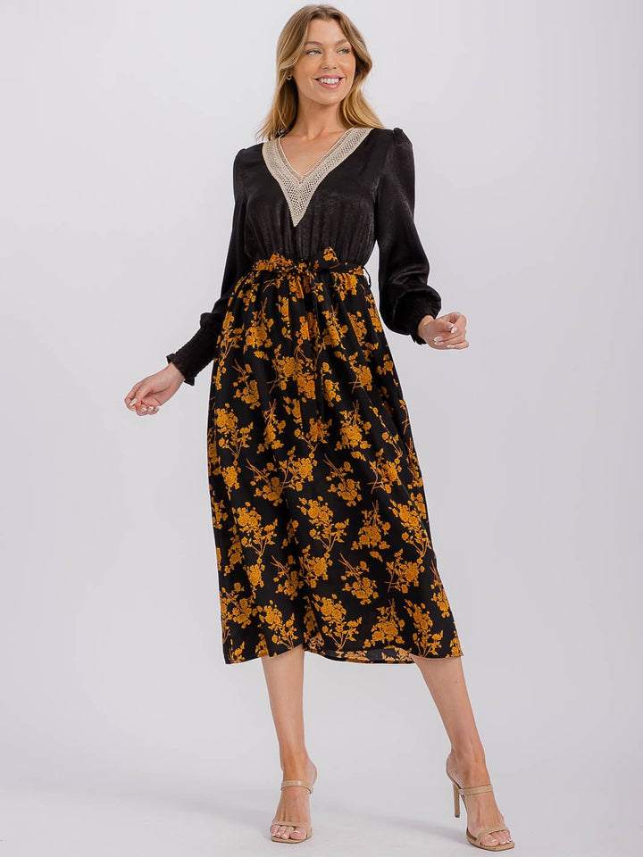 WOMEN'S LONG SLEEVE V-NECK SELF TIE FLORAL MIDI DRESS