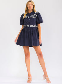 WOMEN'S SHORT PUFF SLEEVE BUTTON UP RUFFLE MINI DRESS