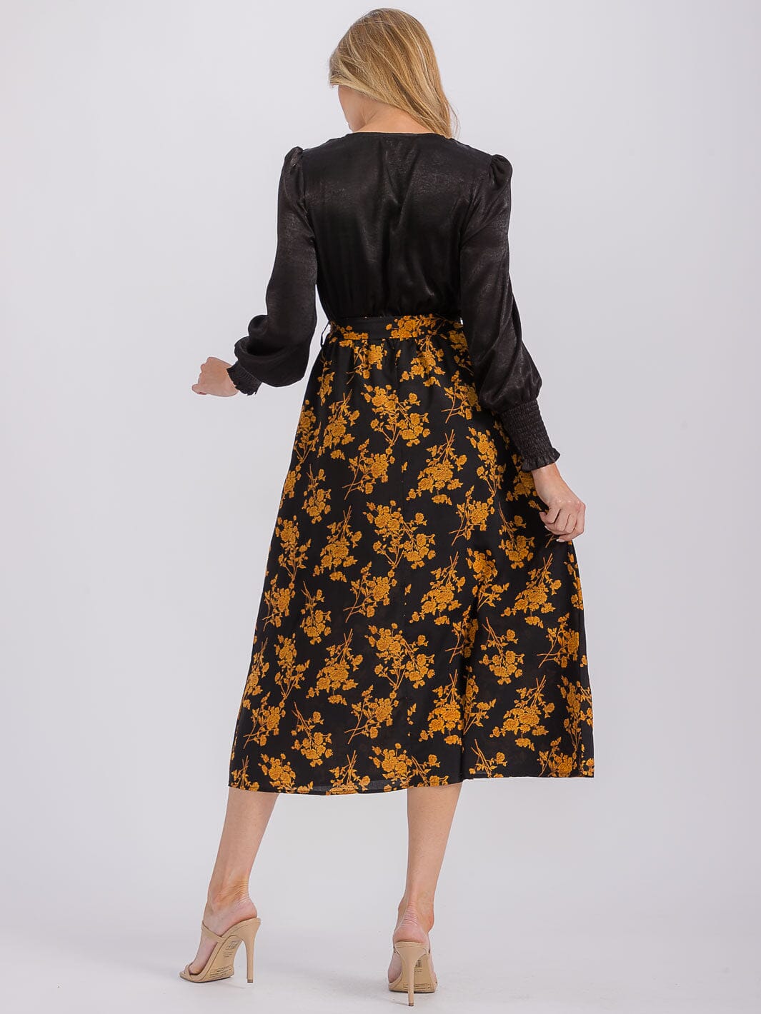 WOMEN'S LONG SLEEVE V-NECK SELF TIE FLORAL MIDI DRESS