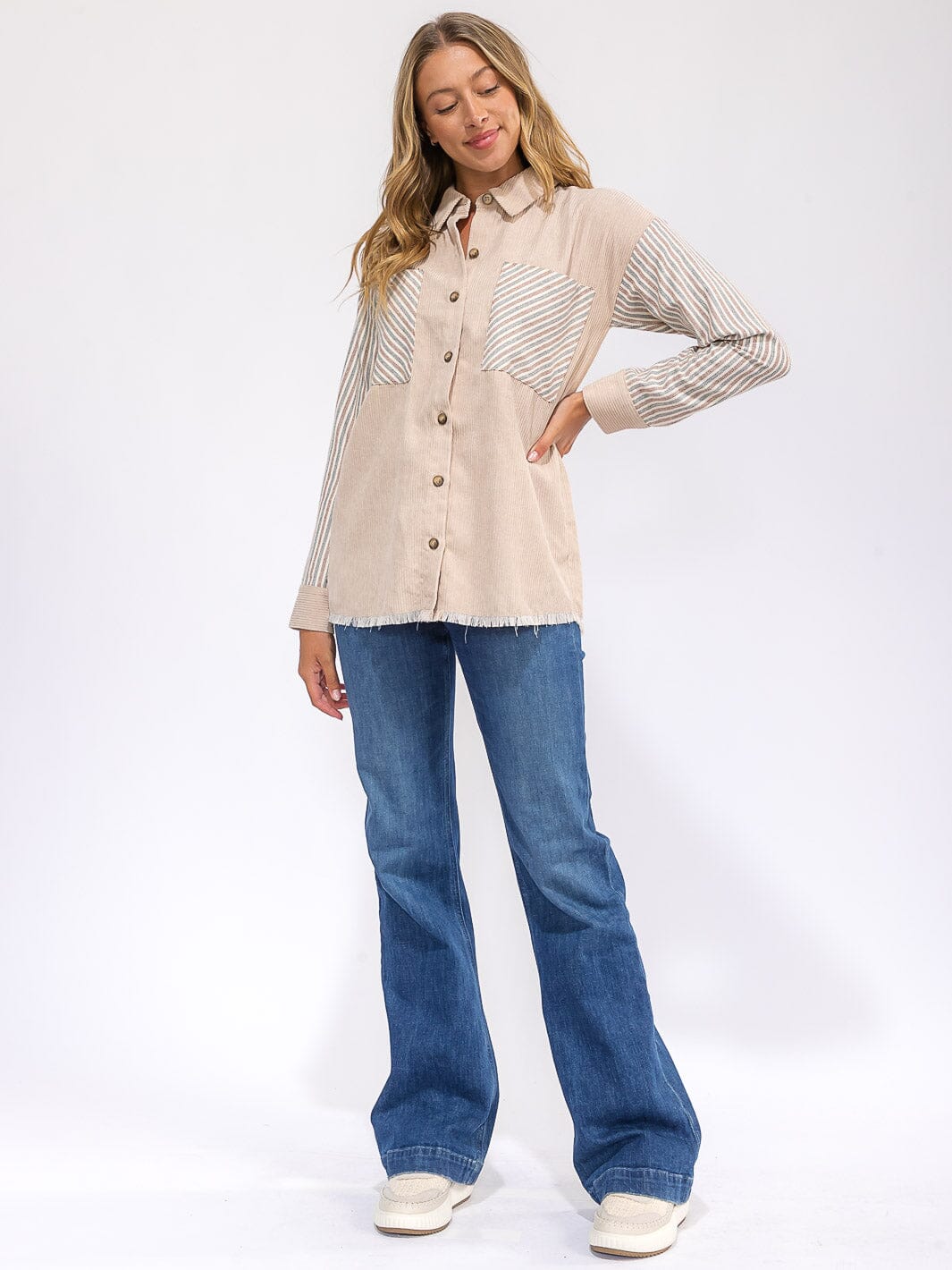 WOMEN'S LONG SLEEVE BUTTON UP FRONT POCKET COLORBLOCK CORDUROY SHACKET
