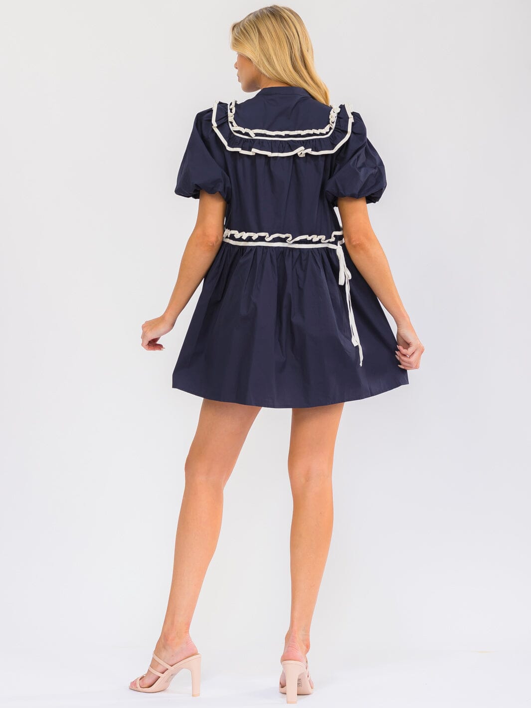 WOMEN'S SHORT PUFF SLEEVE BUTTON UP RUFFLE MINI DRESS