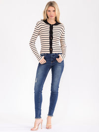 WOMEN'S LONG SLEEVE BUTTON UP COLORBLOCK STRIPES RIBBED TOP
