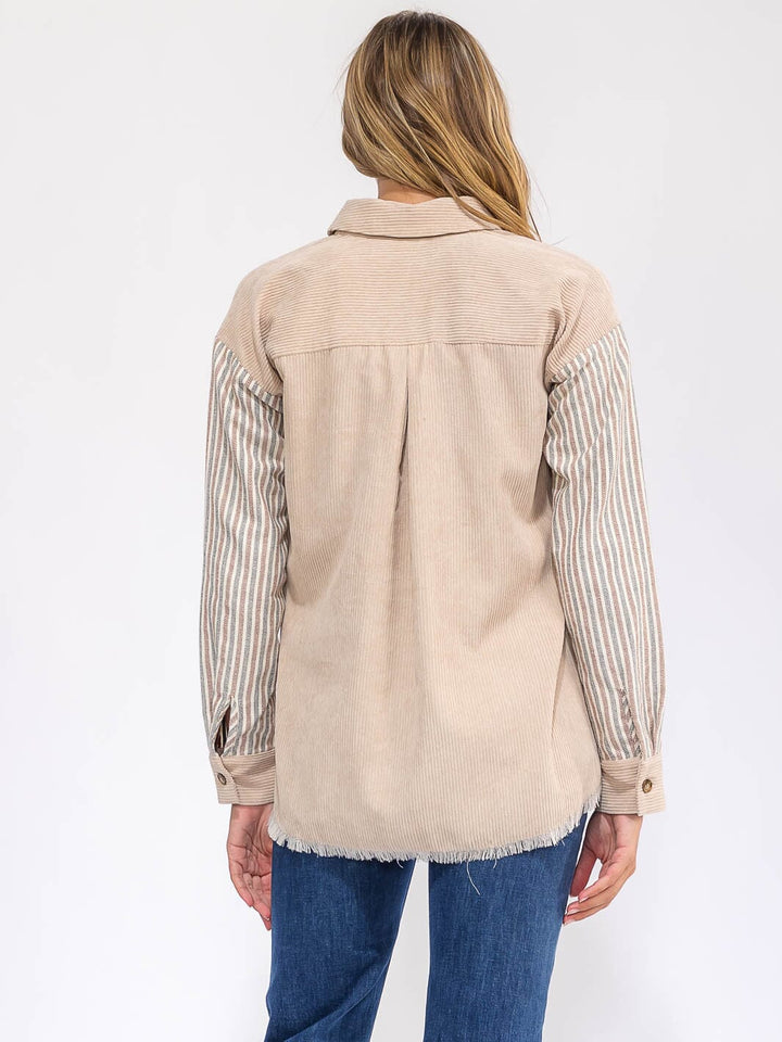 WOMEN'S LONG SLEEVE BUTTON UP FRONT POCKET COLORBLOCK CORDUROY SHACKET