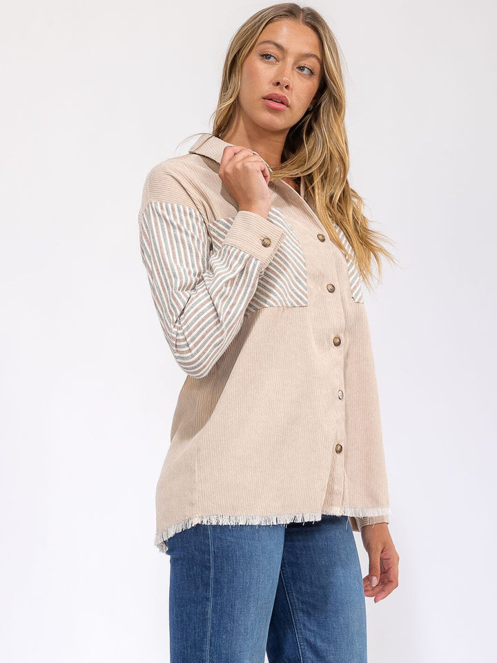 WOMEN'S LONG SLEEVE BUTTON UP FRONT POCKET COLORBLOCK CORDUROY SHACKET