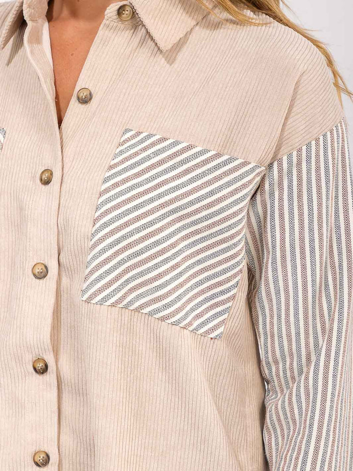 WOMEN'S LONG SLEEVE BUTTON UP FRONT POCKET COLORBLOCK CORDUROY SHACKET