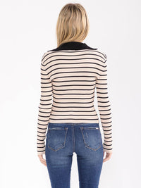 WOMEN'S LONG SLEEVE BUTTON UP COLORBLOCK STRIPES RIBBED TOP