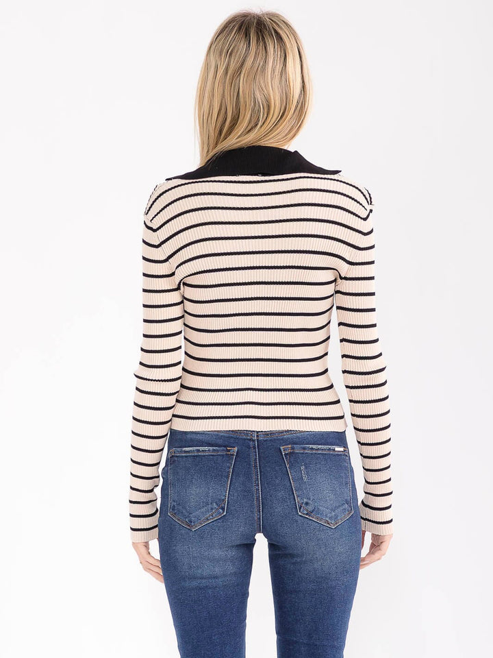 WOMEN'S LONG SLEEVE BUTTON UP COLORBLOCK STRIPES RIBBED TOP