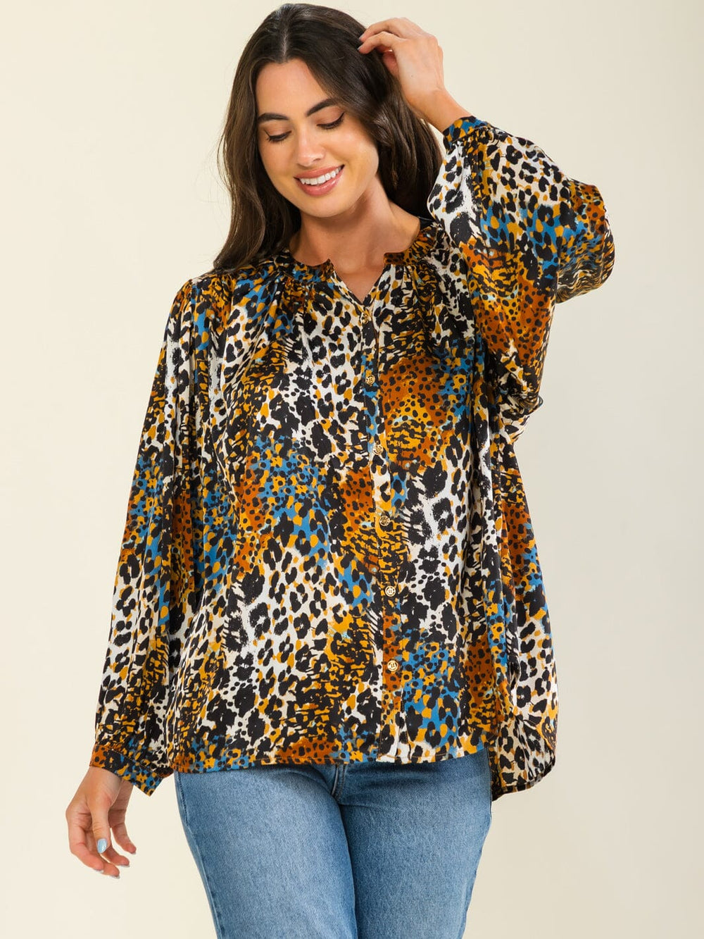 ENTRO WOMEN'S LONG SLEEVE BUTTON UP ANIMAL PRINT BLOUSE