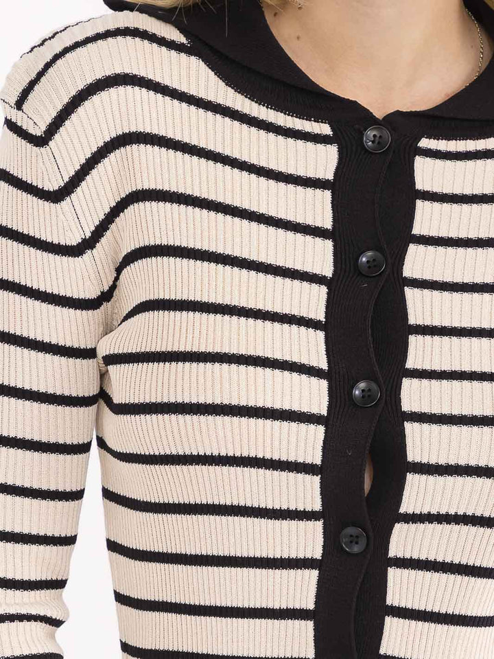 WOMEN'S LONG SLEEVE BUTTON UP COLORBLOCK STRIPES RIBBED TOP