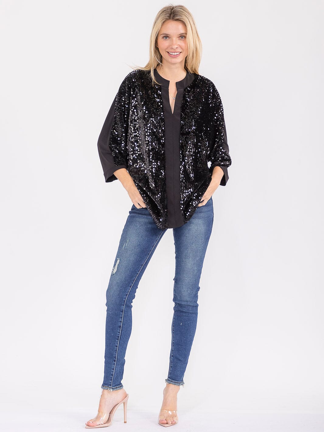 WOMEN'S 3/4 SLEEVE V-NECK SEQUINS TUNIC BLOUSE