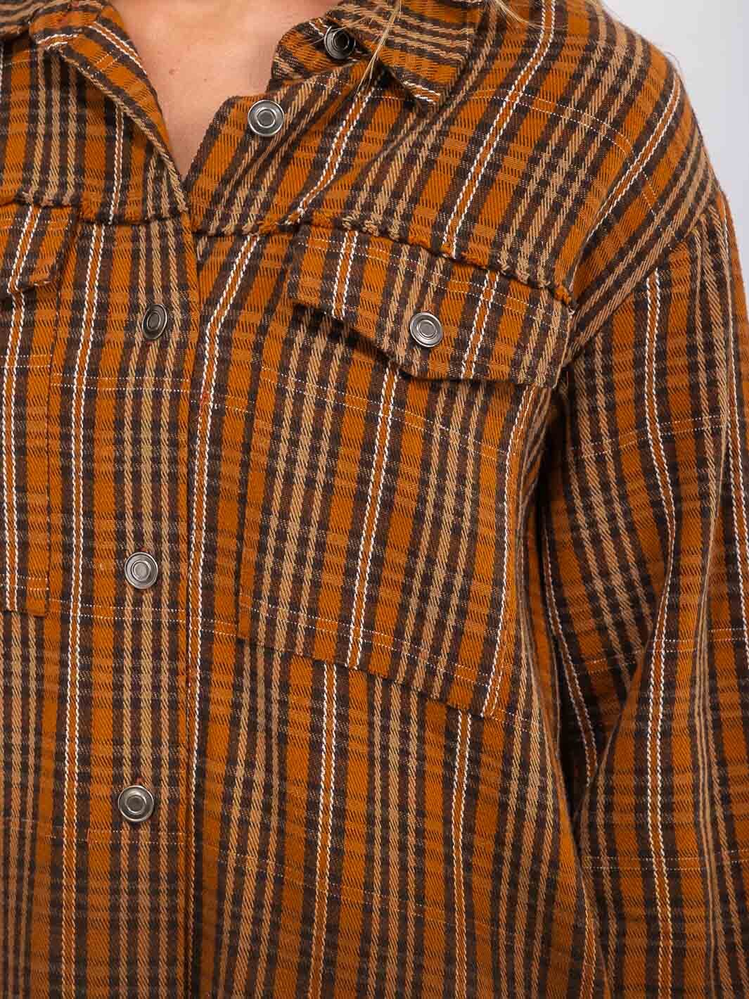 WOMEN'S LONG SLEEVE BUTTON UP FRONT POCKET PLAID SHACKET