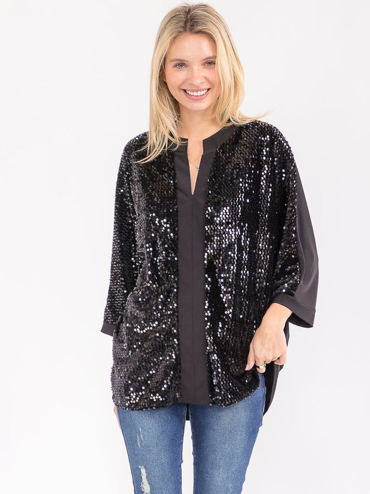 WOMEN'S 3/4 SLEEVE V-NECK SEQUINS TUNIC BLOUSE