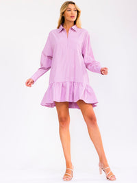 WOMEN'S LONG SLEEVE ZIP UP FRONT POCKETS RUFFLE BOTTOM HEM STRIPES MINI DRESS