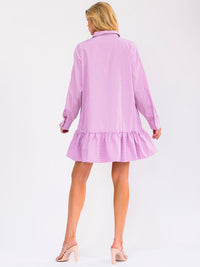 WOMEN'S LONG SLEEVE ZIP UP FRONT POCKETS RUFFLE BOTTOM HEM STRIPES MINI DRESS