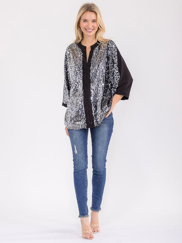 WOMEN'S 3/4 SLEEVE V-NECK SEQUINS TUNIC BLOUSE