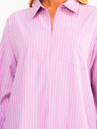 WOMEN'S LONG SLEEVE ZIP UP FRONT POCKETS RUFFLE BOTTOM HEM STRIPES MINI DRESS