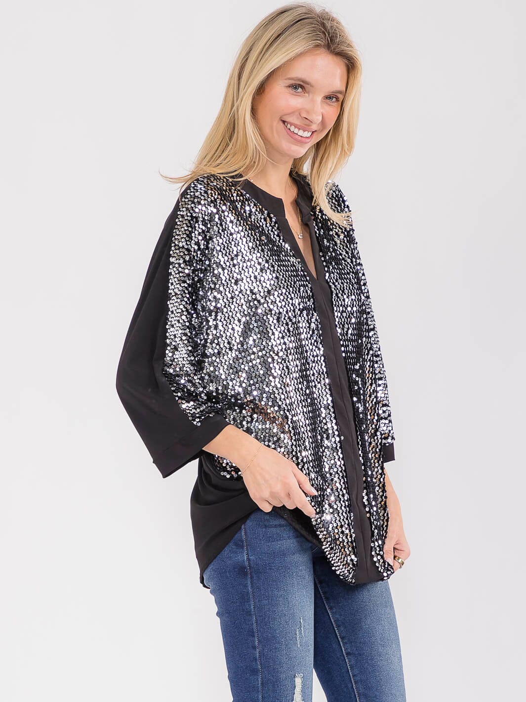 WOMEN'S 3/4 SLEEVE V-NECK SEQUINS TUNIC BLOUSE