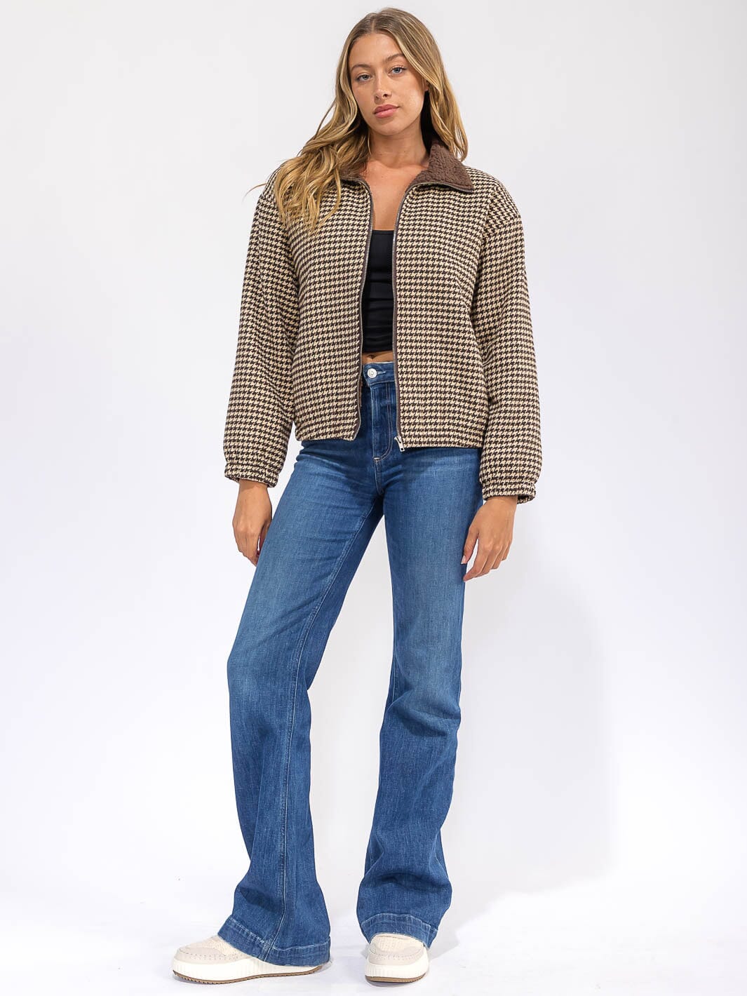 WOMEN'S LONG SLEEVE ZIPPER CLOSURE SHERPA PLAID JACKET