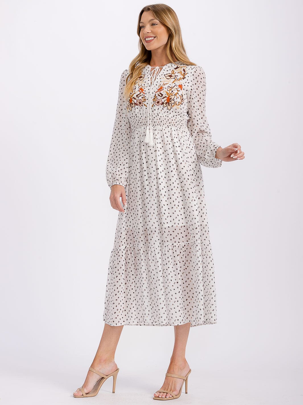 WOMEN'S LONG SLEEVE ELASTIC WAIST EMBROIDERY DETAILED MAXI DRESS