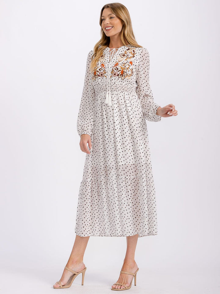 WOMEN'S LONG SLEEVE ELASTIC WAIST EMBROIDERY DETAILED MAXI DRESS