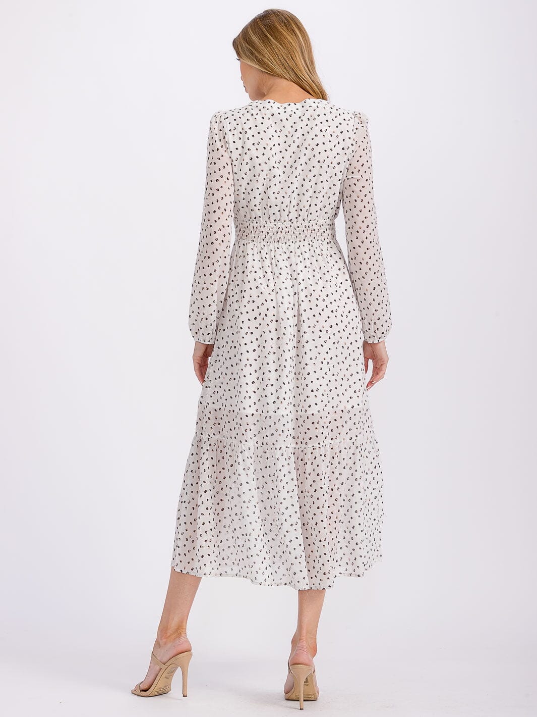 WOMEN'S LONG SLEEVE ELASTIC WAIST EMBROIDERY DETAILED MAXI DRESS