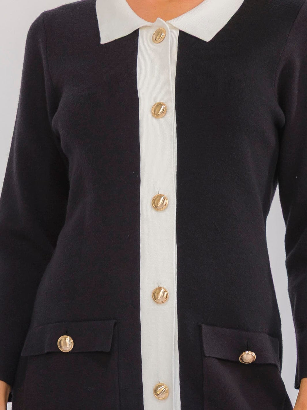 WOMEN'S LONG SLEEVE BUTTON UP FRONT POCKETS COLORBLOCK SWEATER DRESS MINI DRESS