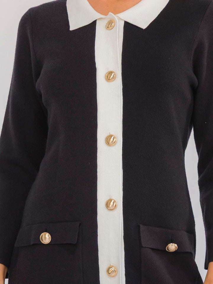 WOMEN'S LONG SLEEVE BUTTON UP FRONT POCKETS COLORBLOCK SWEATER DRESS MINI DRESS