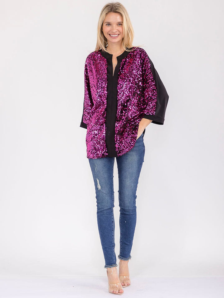 WOMEN'S 3/4 SLEEVE V-NECK SEQUINS TUNIC BLOUSE