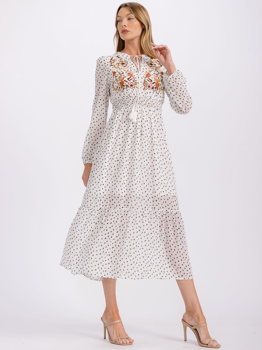 WOMEN'S LONG SLEEVE ELASTIC WAIST EMBROIDERY DETAILED MAXI DRESS