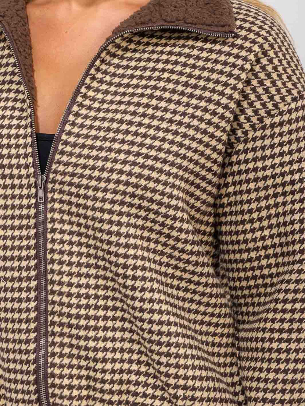 WOMEN'S LONG SLEEVE ZIPPER CLOSURE SHERPA PLAID JACKET