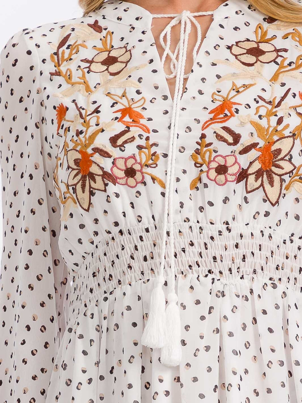 WOMEN'S LONG SLEEVE ELASTIC WAIST EMBROIDERY DETAILED MAXI DRESS